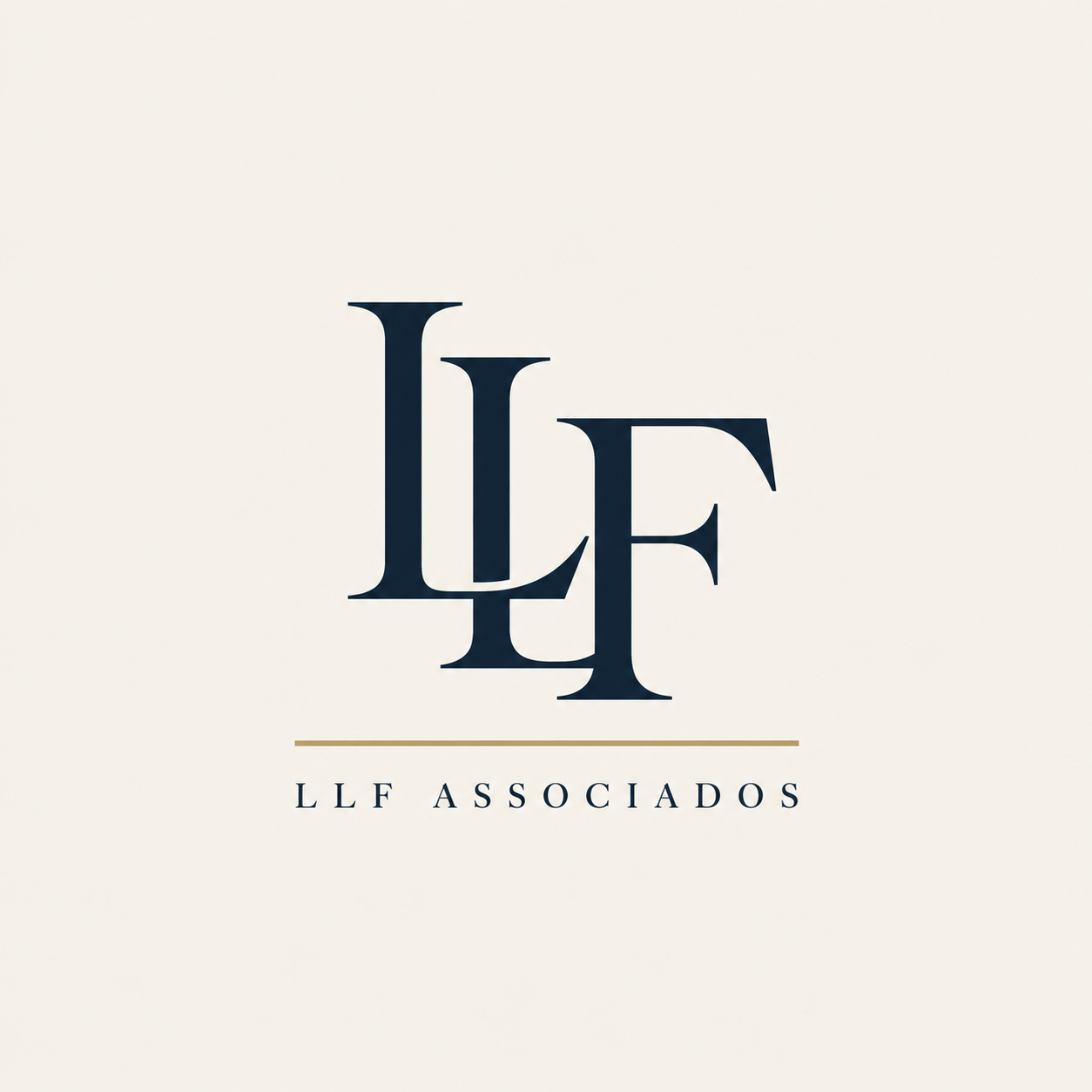 Logo LLF Associados: monograma em azul profundo com detalhe dourado